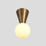 Brass cone mount ceiling light with illuminated opal globe – handmade flush mount for bedrooms and dining areas