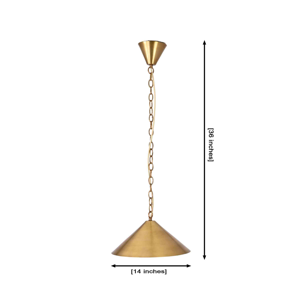 Brass cone pendant light with chain suspension creating warm focused lighting in a stylish hallway interior