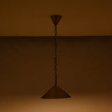 Brass cone pendant light on white background showing chain suspension, ceiling canopy, and wide shade design