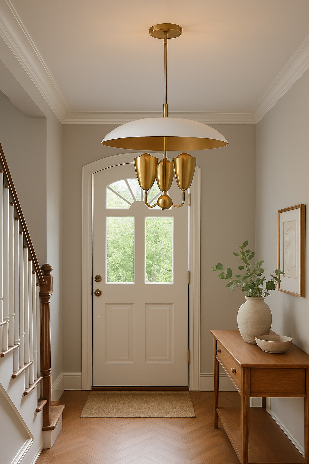 Bottom-up view of brass disc pendant showcasing cone-shaped light holders and warm interior glow
