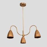 Handmade brass 3-light chandelier with cone-shaped shades and curved arms, minimalist industrial ceiling light by Brass Leaf Studio.