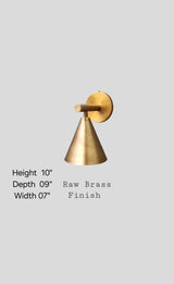 Brass cone wall light with labeled dimensions—7-inch width, 10-inch height, 9-inch depth—shown in raw brass finish by Brass Leaf Studio.