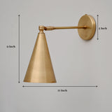Brass cone wall light showing product dimensions—9-inch height, 11-inch projection, and 4-inch backplate diameter.