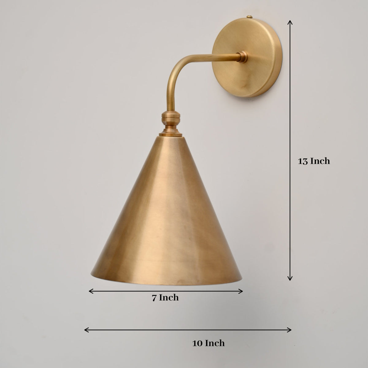 Brass cone wall sconce with 7 inch width and 13 inch height, dimensioned view for modern wall lighting