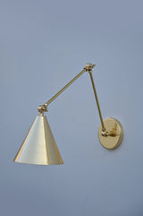 Brass adjustable conical shade wall light with pivot arm, modern handmade design