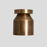 Side view of solid brass cylinder flush mount ceiling lamp in brushed finish