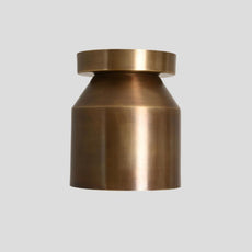 Side view of solid brass cylinder flush mount ceiling lamp in brushed finish