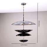 Multi-tier 24-inch brass disc chandelier showing 38-inch height and cascading bowl silhouette