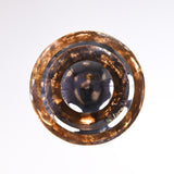 Bottom view of multi-tier brass disc chandelier with reflective polished and hammered textures