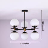 Dimensions of modern brass disc chandelier showing 18 inch width and 20 inch height with six opal globes
