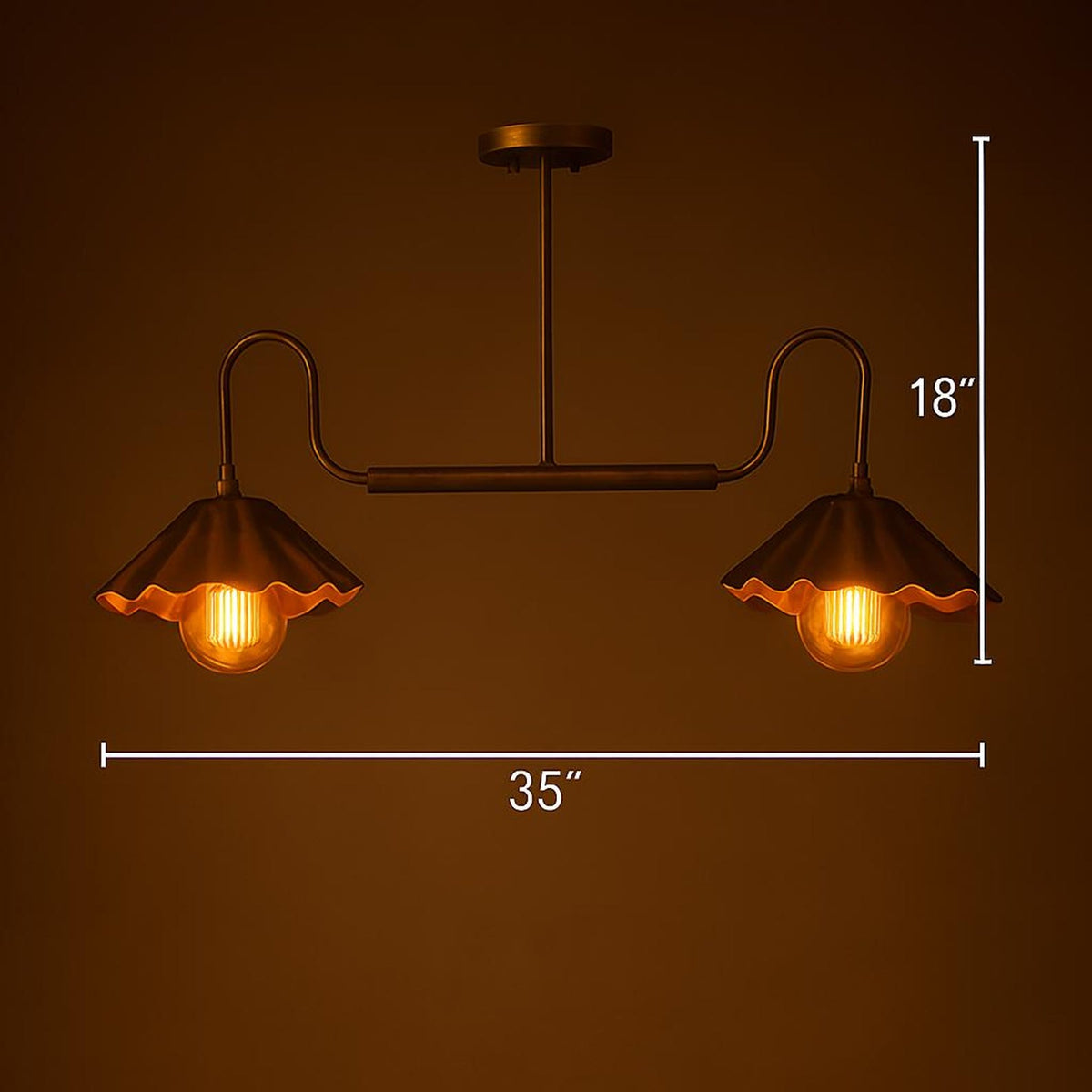 Dimension diagram of a 35-inch wide and 18-inch high brushed brass 2-light disc chandelier with scalloped bowl shades