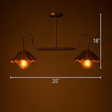 Dimension diagram of a 35-inch wide and 18-inch high brushed brass 2-light disc chandelier with scalloped bowl shades