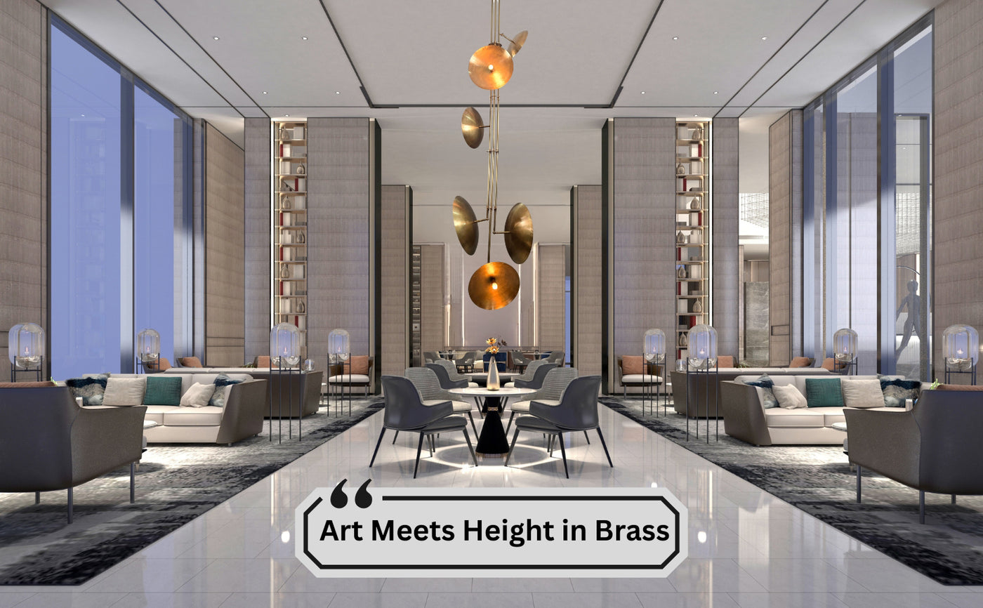 Large brass disc chandelier in luxury living room with high ceiling