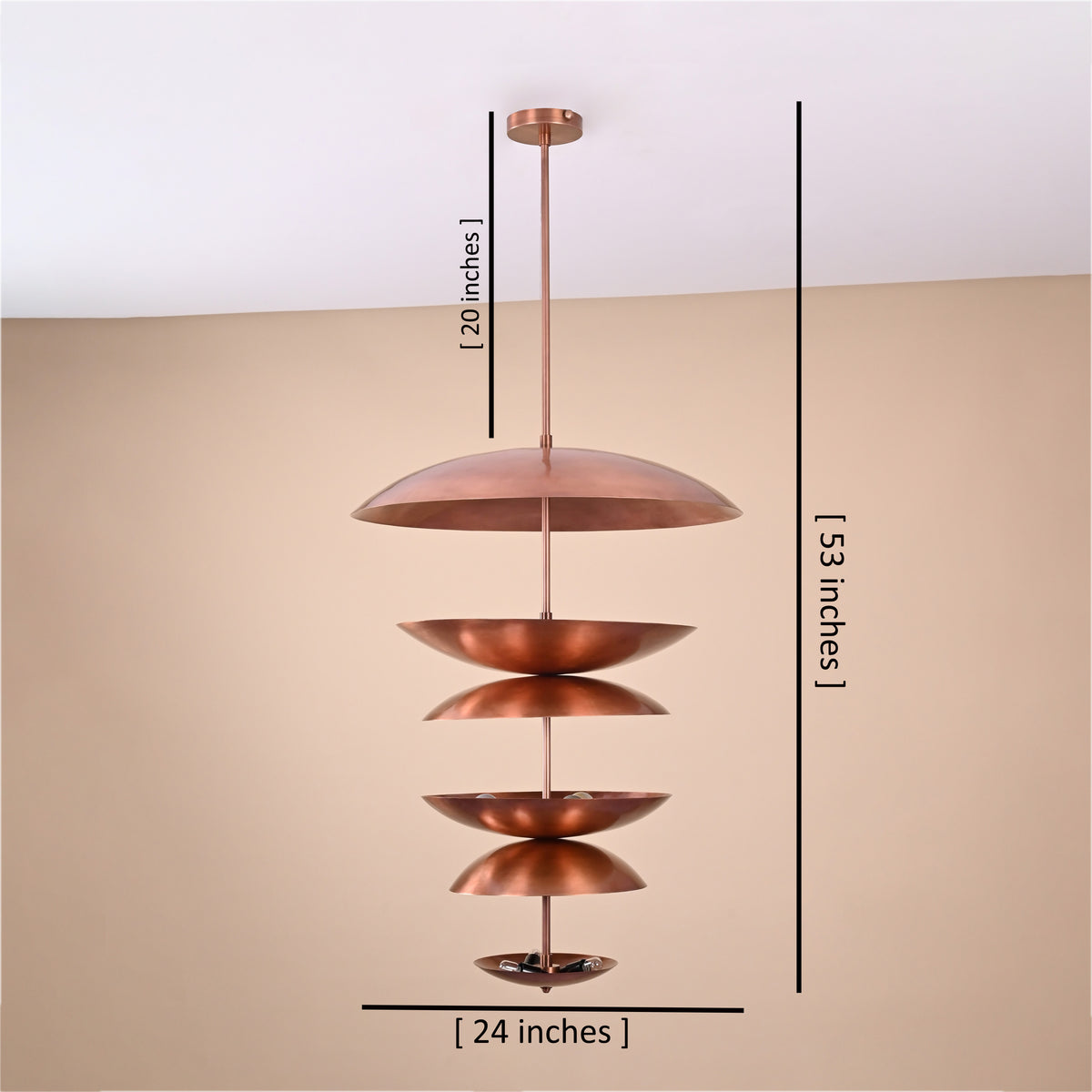 Multi-tier brass disc chandelier showing full dimensions with 24-inch width, 53-inch height, and 20-inch drop rod length