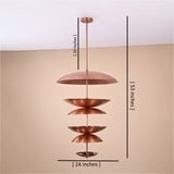 Multi-tier brass disc chandelier showing full dimensions with 24-inch width, 53-inch height, and 20-inch drop rod length
