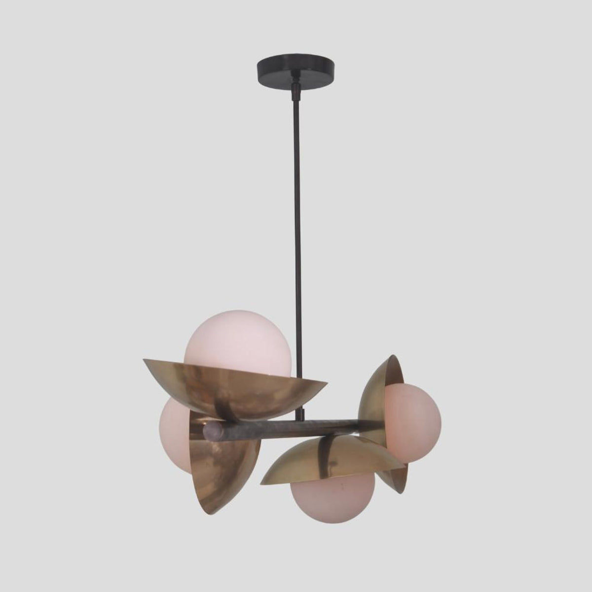 Brass disc pendant chandelier featuring four globe lights with overlapping bowl-shaped brass shades, modern handmade ceiling light.