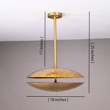 18-inch brass disc pendant light with 25-inch height and 17-inch rod drop, shown with labeled measurements for accurate sizing reference.