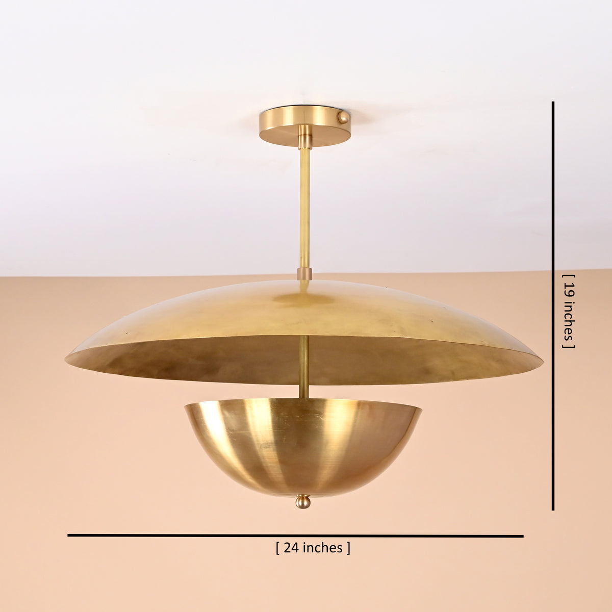 Brass disc chandelier with measurement overlay showing 24 inch width and 19 inch height