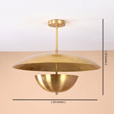 Brass disc chandelier with measurement overlay showing 24 inch width and 19 inch height