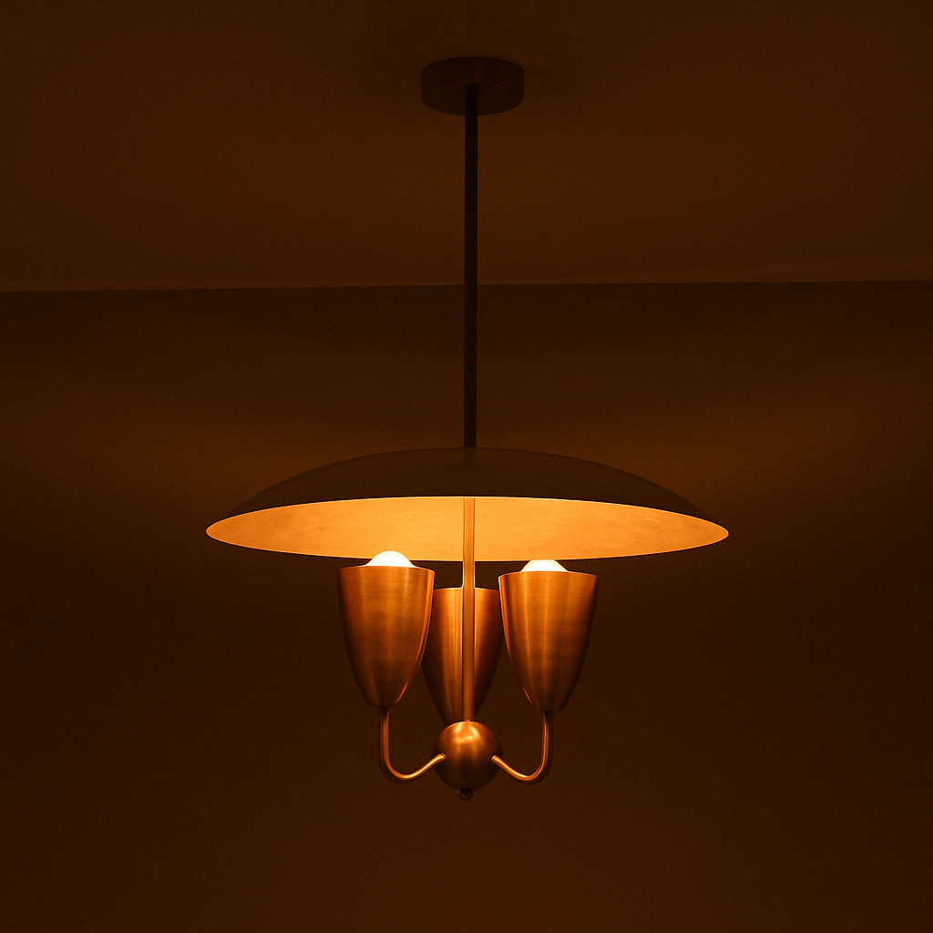 Studio shot of brass dome chandelier with warm indirect lighting, featuring dome shade and three brass cups in mid-century style.