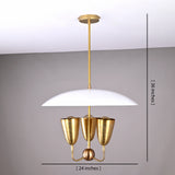 Brass dome pendant chandelier showing 24-inch width and 36-inch height, modern mid-century ceiling light with triple brass cups.