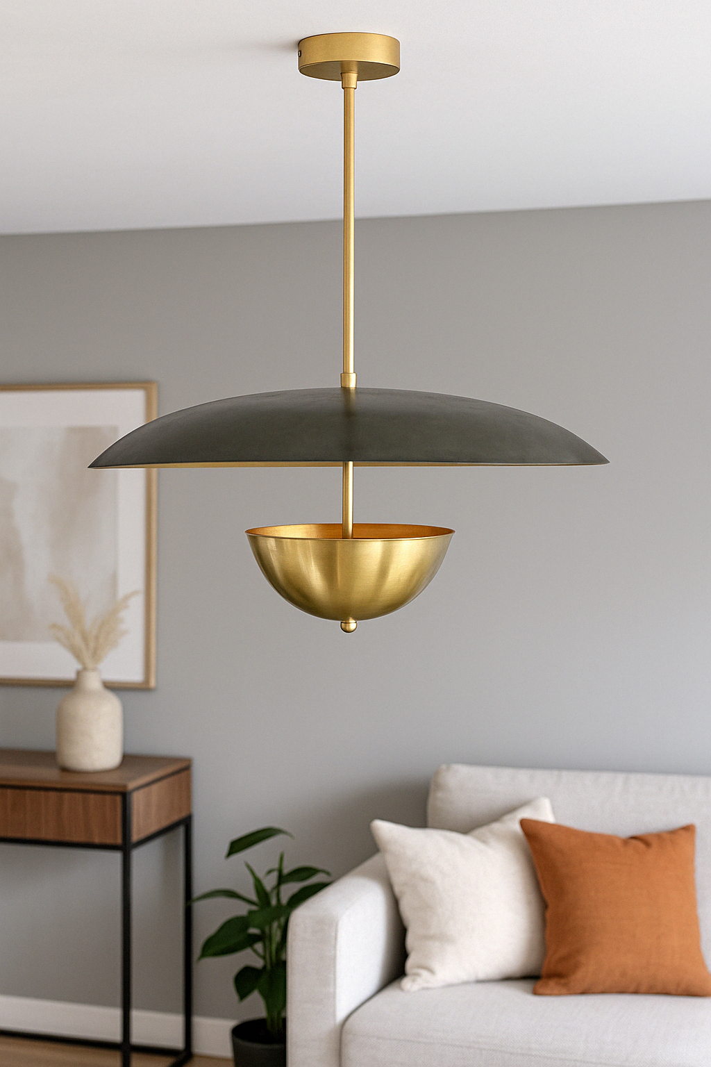 Brass dual-shade dome pendant light installed above a modern living room, showcasing warm contemporary interior styling.