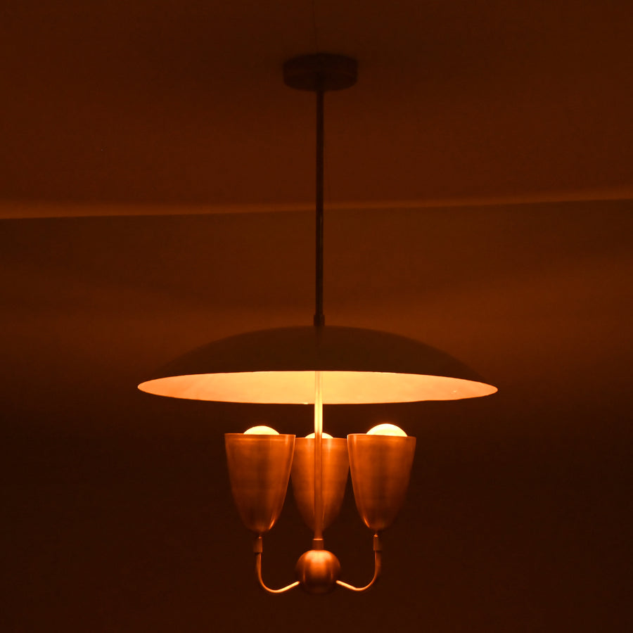 Modern brass dome shade 3-light chandelier with curved top shade and sculpted brass cups, mid-century designer pendant light.