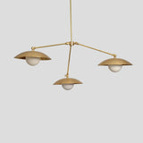 Overhead angle of 3-light brass dome chandelier with frosted globe bulbs, handmade pendant lighting by Brass Leaf Studio.