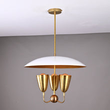 Modern brass dome shade 3-light chandelier with curved top shade and sculpted brass cups, mid-century designer pendant light.