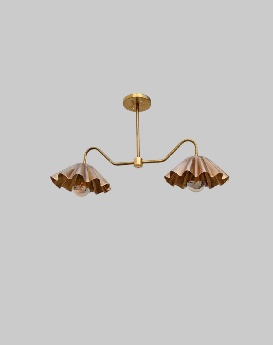 Handmade brass double arm ceiling light with sculptural wavy shades – modern flush mount chandelier