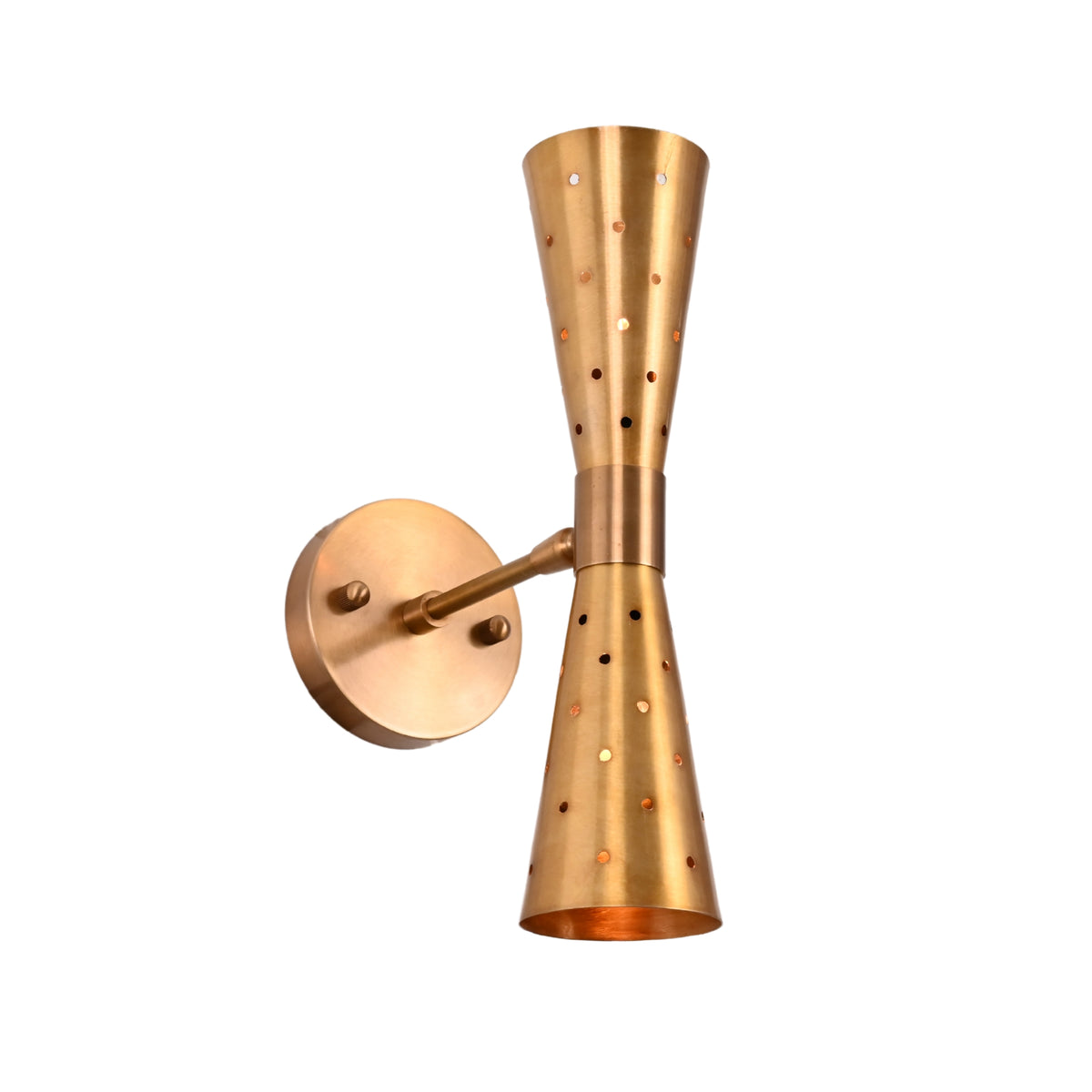 Angled view of brass double cone wall sconce with perforations and brushed brass finish