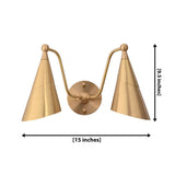 Brass double cone wall sconce with 15 inch width and 9.5 inch height shown for clear product dimension reference