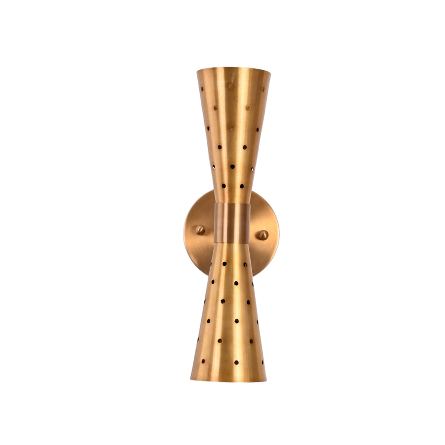 Front view of mid-century modern brass double cone wall sconce with perforated detailing