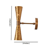 Side view of brass double cone wall sconce showing 8-inch depth and 12-inch height dimensions