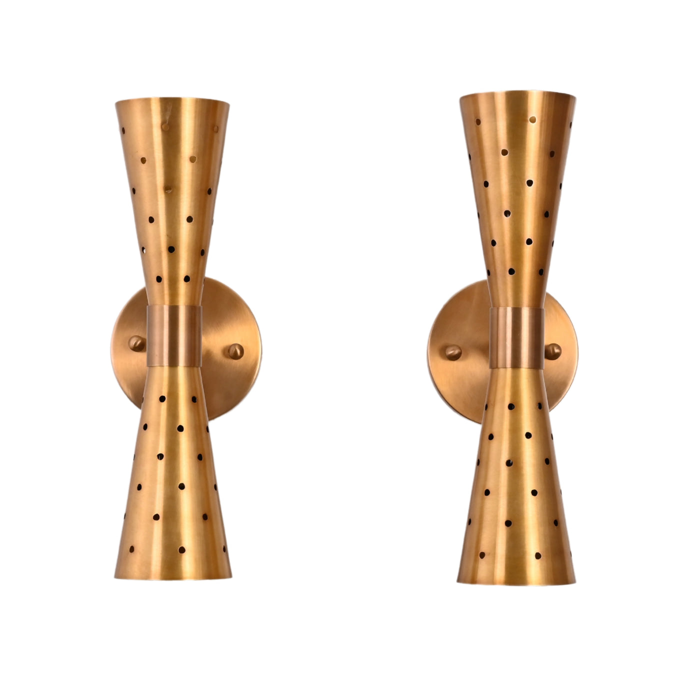 Pair of mid-century modern brass double cone wall sconces with perforated design, front view