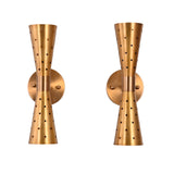 Pair of mid-century modern brass double cone wall sconces with perforated design, front view