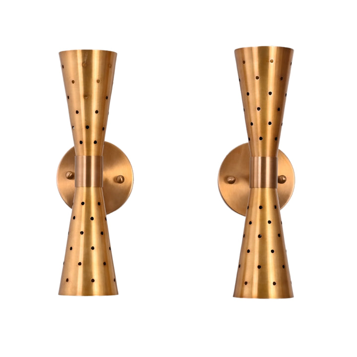 Pair of mid-century modern brass double cone wall sconces with perforated design, front view