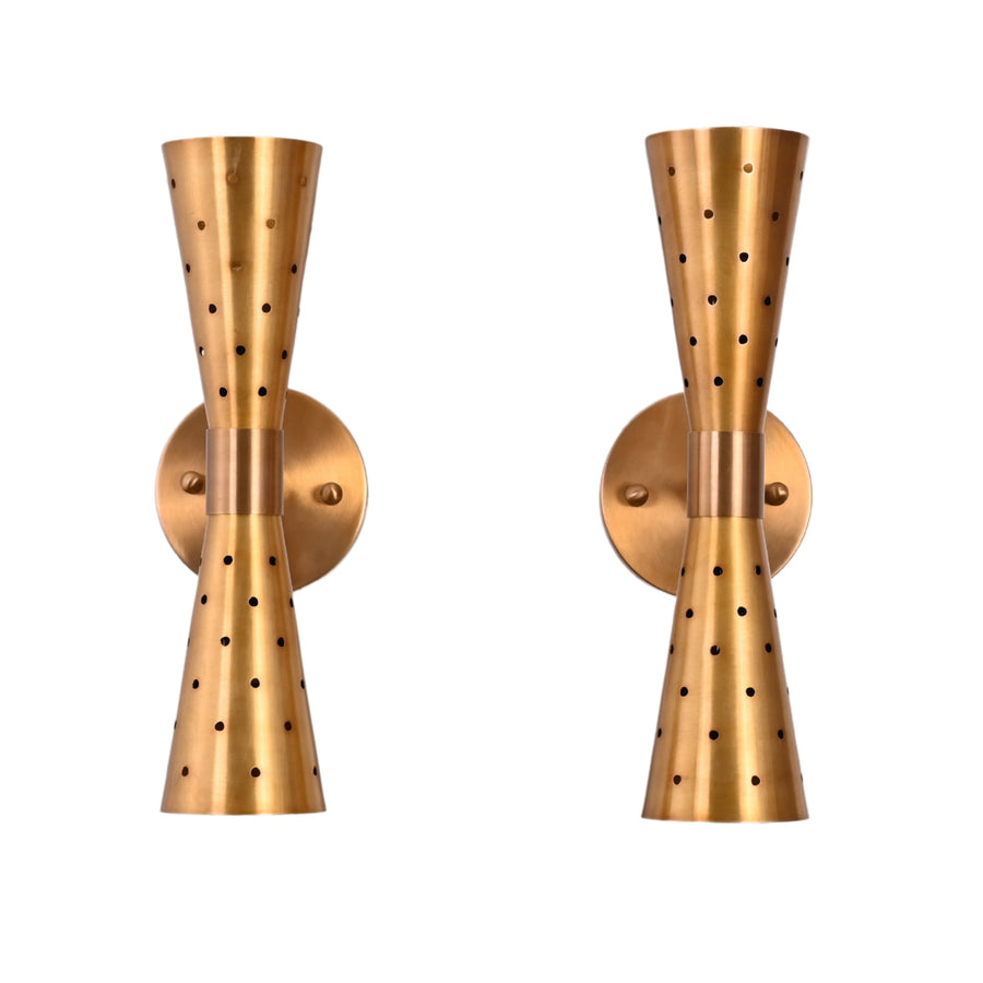 Pair of mid-century modern brass double cone wall sconces with perforated design, front view