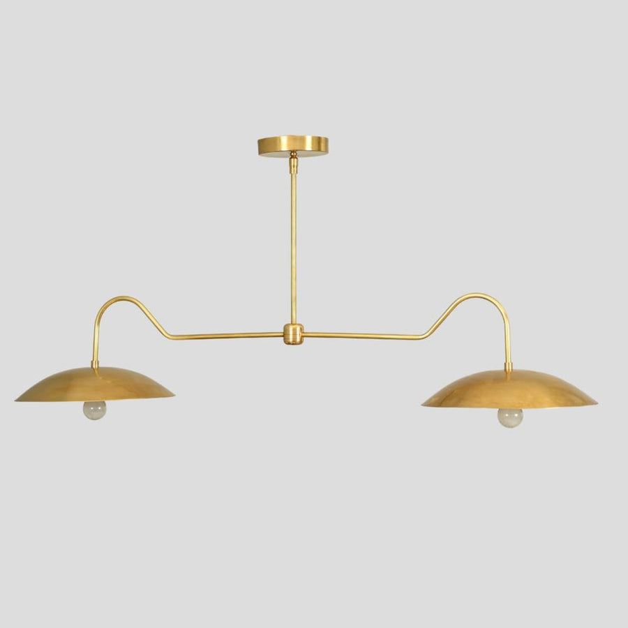 Minimalist brass double dome chandelier front view – handmade modern ceiling light with two dome shades by Brass Leaf Studio
