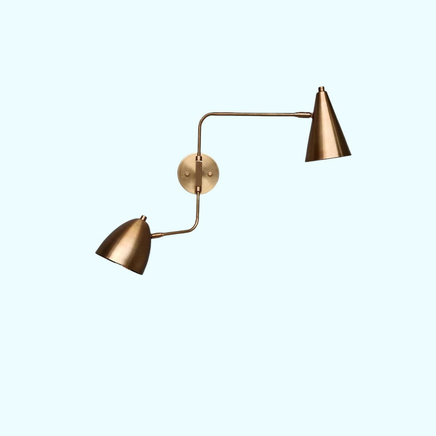 Handmade brass double shade wall sconce with adjustable arms – side view