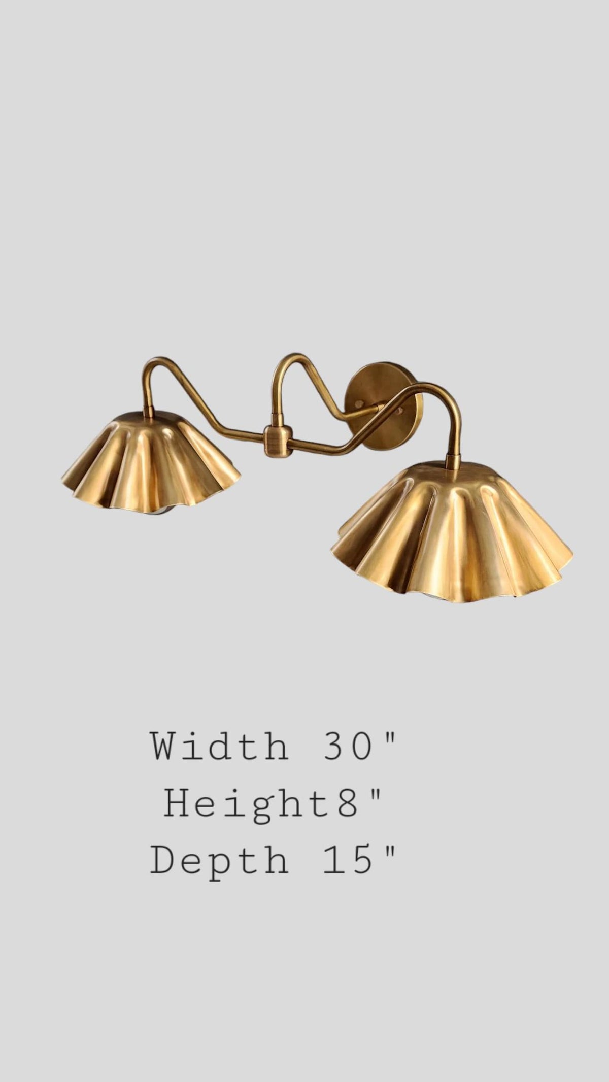 Brass double wall sconce with dimensions – 30 inch width, 8 inch height, 15 inch depth
