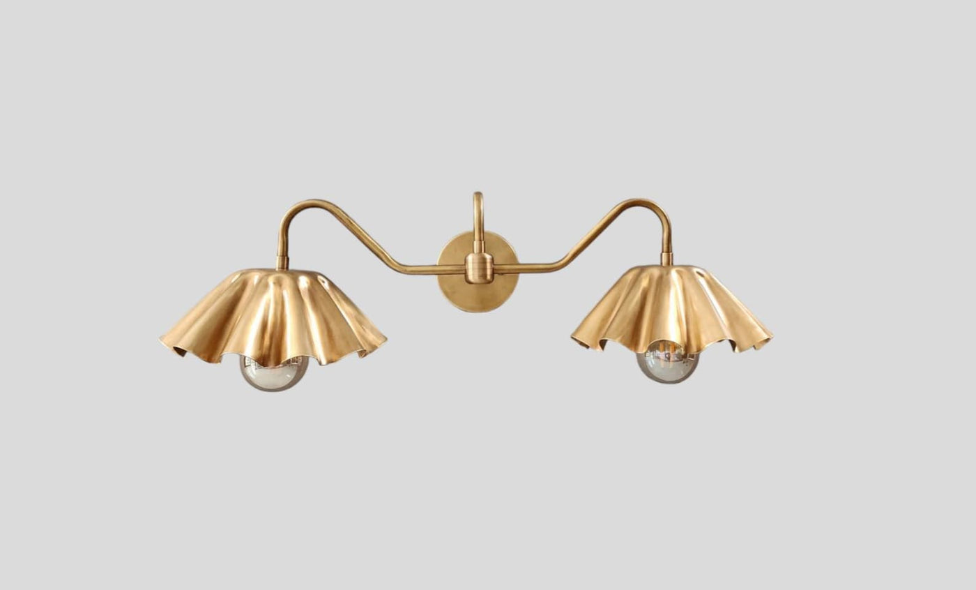 Handmade brass double wall sconce with ruffled shades – front view