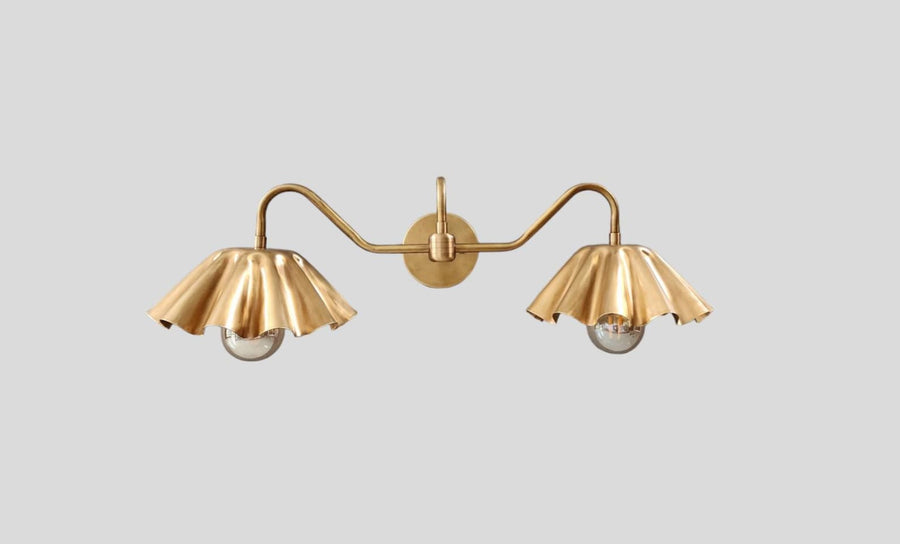 Handmade brass double wall sconce with ruffled shades – front view