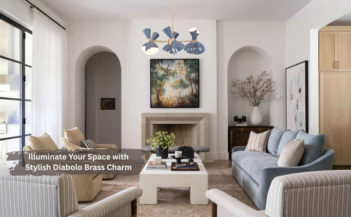Stylish brass dual-cone chandelier illuminating a modern living room with neutral tones.