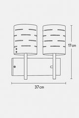Dimension diagram of brass dual wall sconce showing 37 cm width and 17 cm height, two-light wall fixture measurements