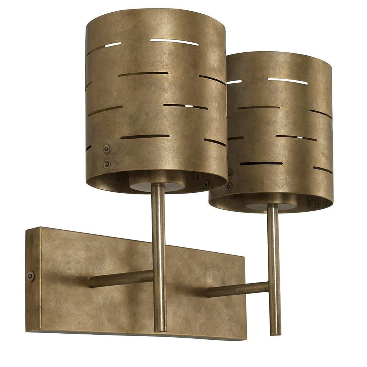 Handcrafted brass dual wall sconce with cylindrical slotted shades and brushed brass finish, modern wall light fixture