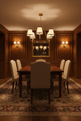 Brass chandelier with four curved arms, cream fabric shades, black border trim, and ceiling-mounted rod design