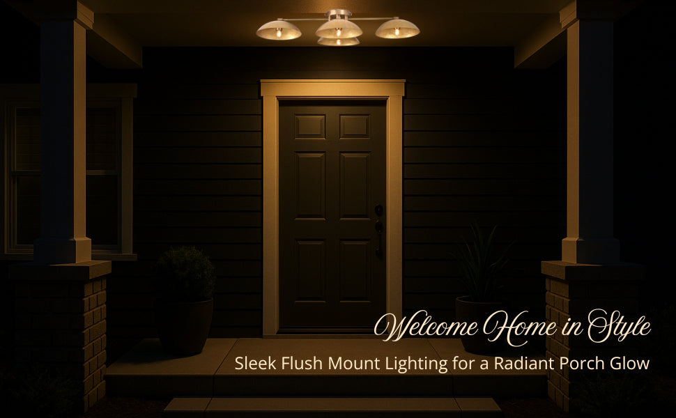 Porch at night illuminated by a 4-light brass flush mount fixture, casting a warm and inviting glow above the entrance door.
