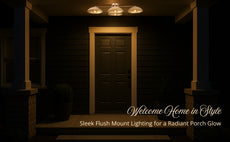Porch at night illuminated by a 4-light brass flush mount fixture, casting a warm and inviting glow above the entrance door.