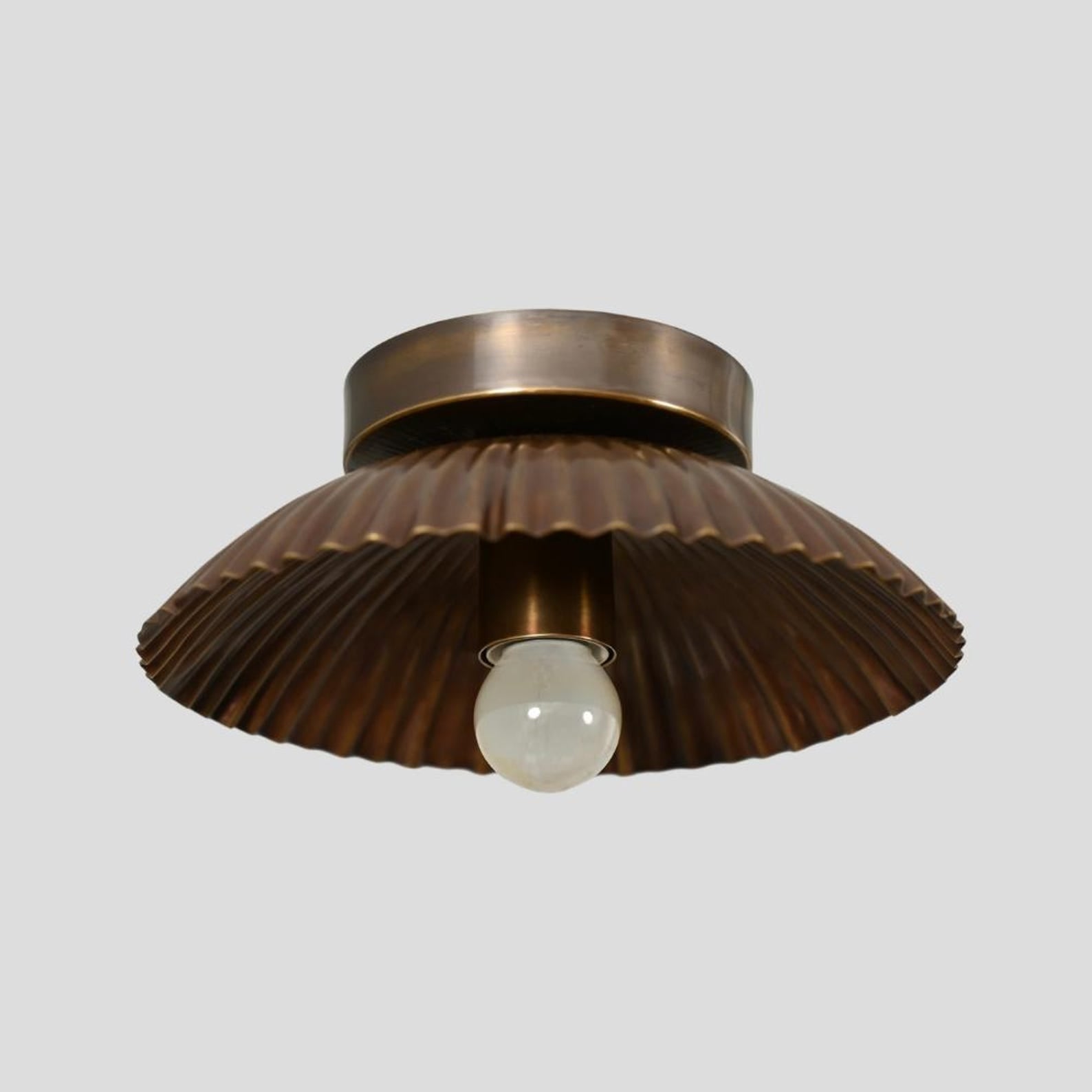 Handmade brass flush mount ceiling light with scalloped shade and vintage finish